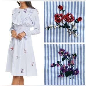Tory Burch Embroidered Smocked Midi Long Sleeve Dress *Surfside/White* Striped 4
